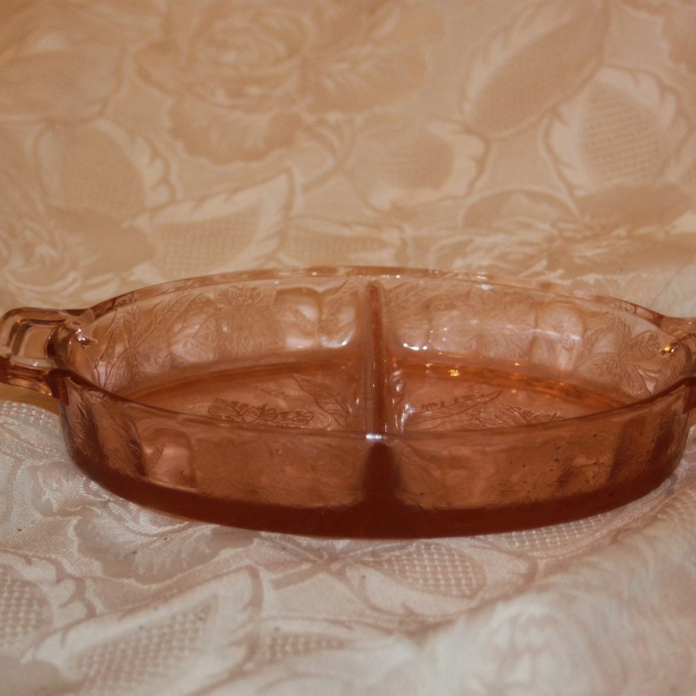 Jeanette Pink Depression Glass Oval Divided Dish Floral Vintage